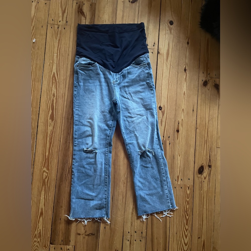 Pink Blush Maternity - Blue Straight Leg frayed Hem maternity jeans